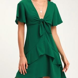 Lulus Jewell Green Tie-Front Ruffled Skater Dress